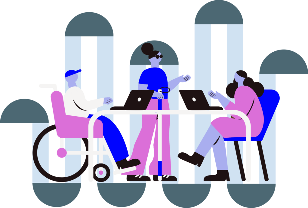 Eine Illustration, in welcher drei Personen mit und ohne Behinderungen sich gemeinsam an einem Tisch besprechen.