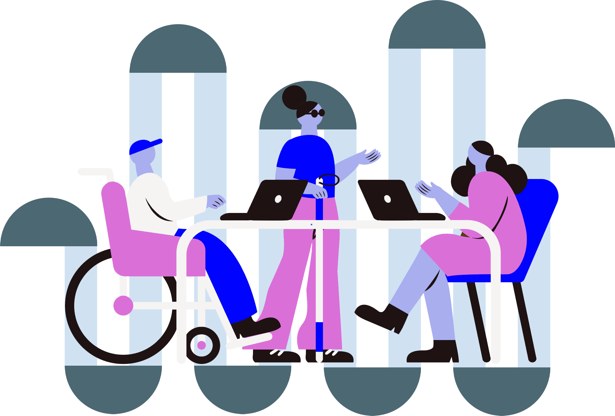 Eine Illustration, in welcher drei Personen mit und ohne Behinderungen sich gemeinsam an einem Tisch besprechen.