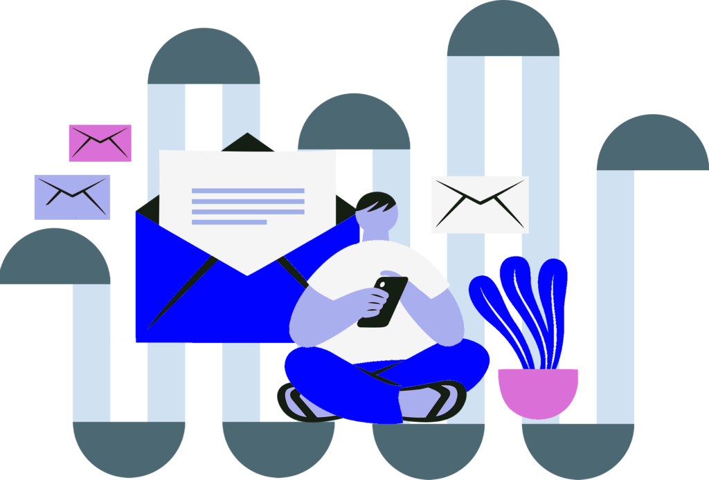 Eine Illustration, in der ein Mann im Schneidersitz an seinem Smartphone sitzt und im Hintergrund ein großer Brief im Umschlag dargestellt ist .